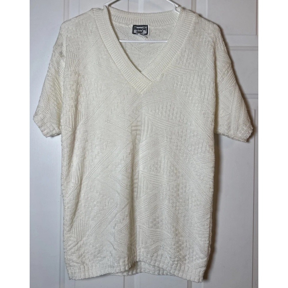VTG Kenneth Too Womens M Ivory Textured Knit V Neck Short Sleeve Sweater USA